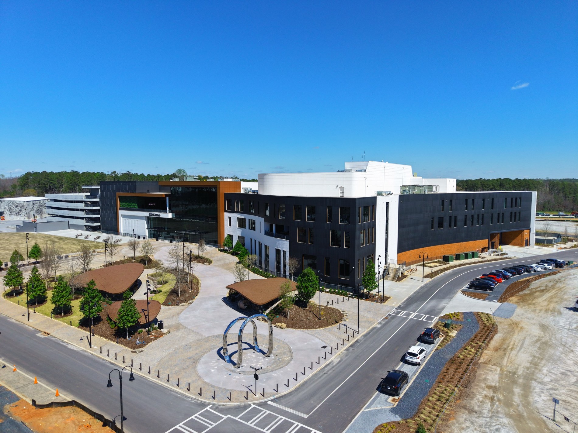 Drone image of modern commercial or campus building
