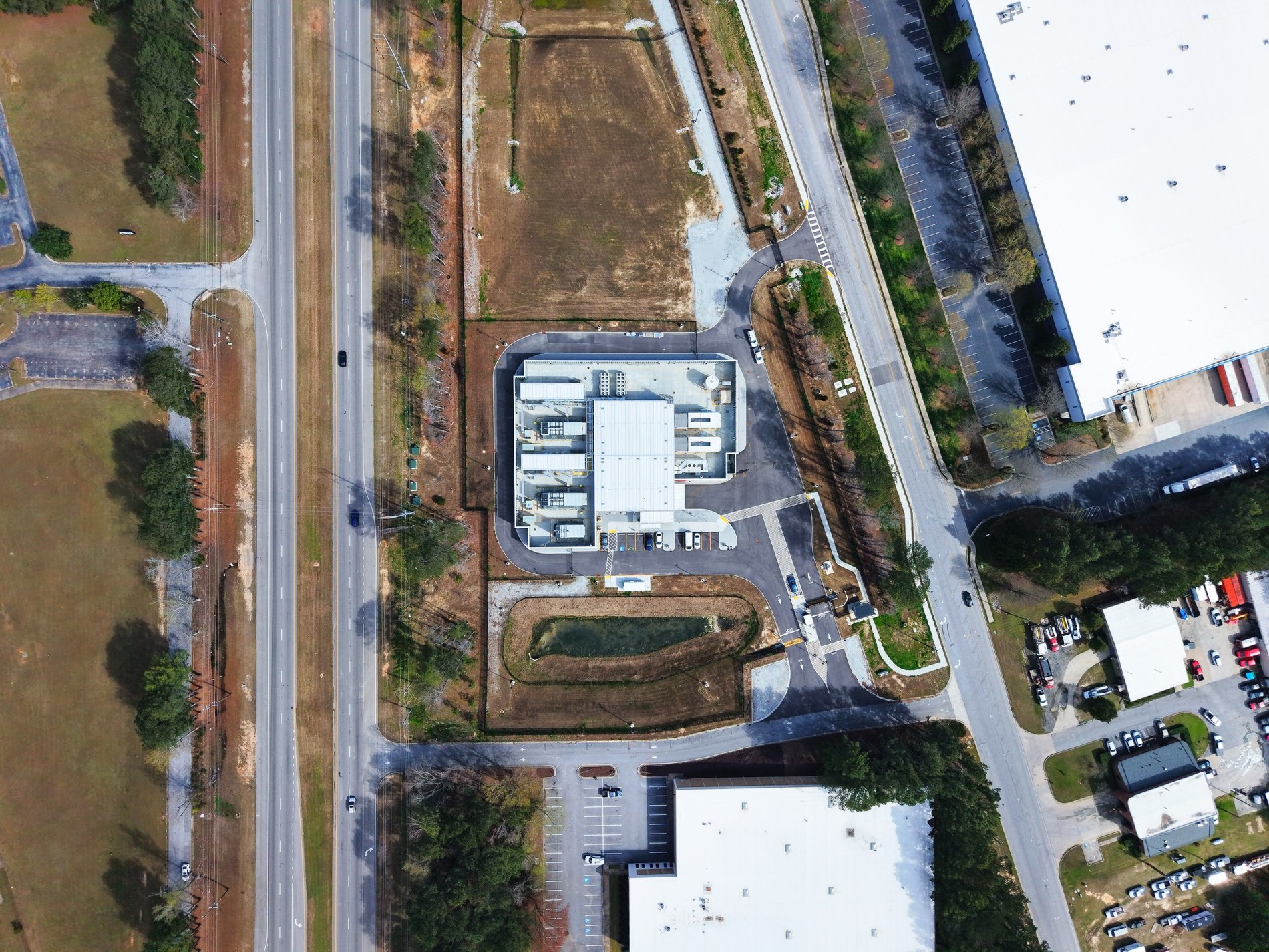 Top-down drone image of industrial or utility facility