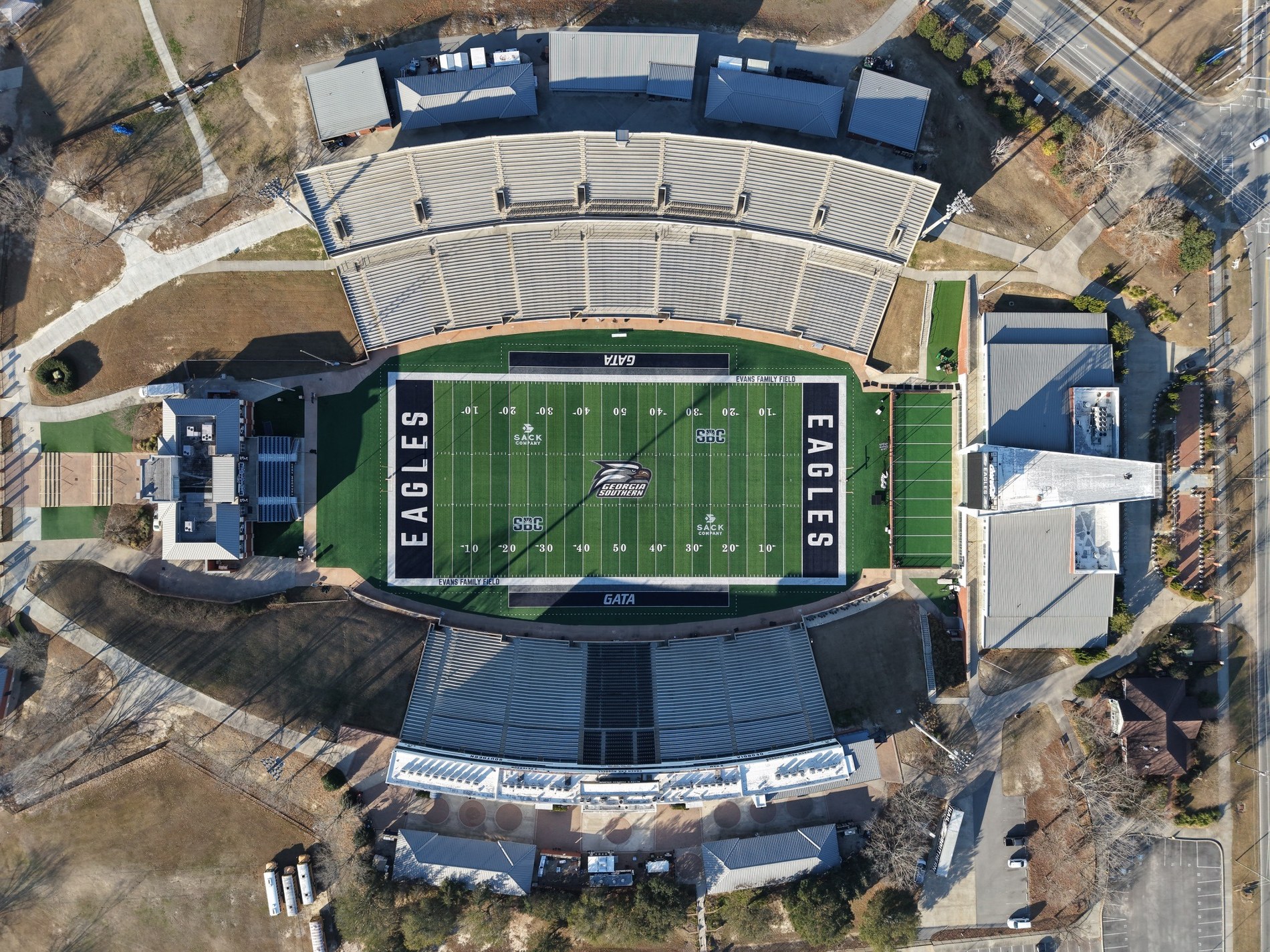 Top-down drone photo of football stadium